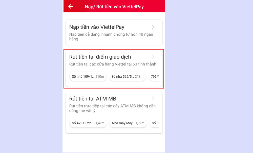 Màn hình lựa chọn hình thức rút tiền tại điểm giao dịch Viettel