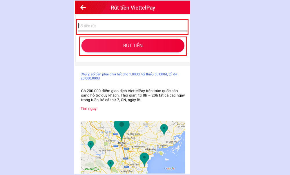 Giao diện nhập số tiền muốn rút tại quầy giao dịch Viettel