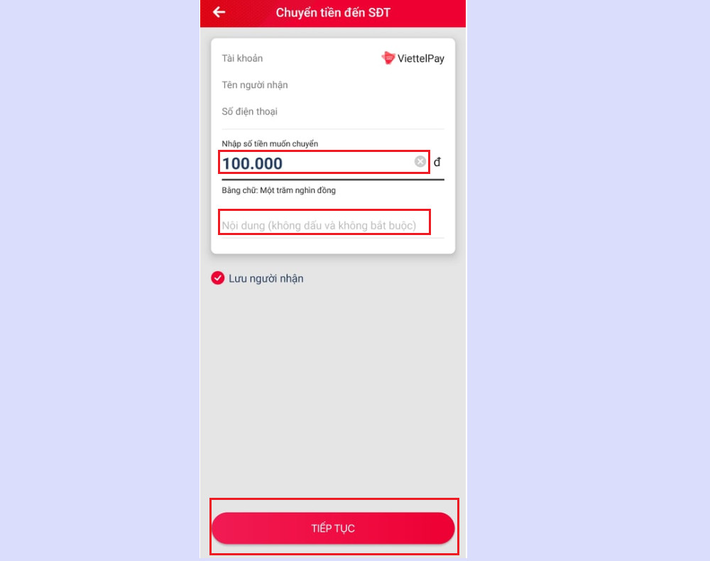 Màn hình nhập số tiền và nội dung chuyển tiền trong Viettel Money