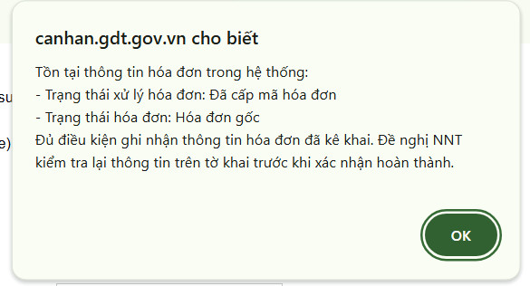 Thông báo xác nhận thông tin hóa đơn chính xác sau khi kiểm tra