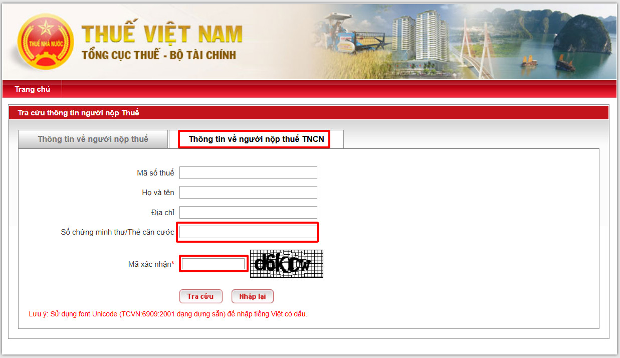 Giao diện tra cứu thông tin người nộp thuế TNCN trên Tổng cục Thuế