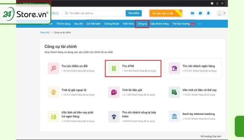 Trang tìm kiếm cây ATM trên thebank.vn với các bộ lọc ngân hàng, tỉnh, huyện