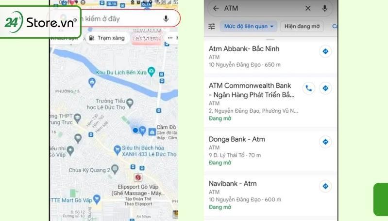 Màn hình điện thoại hiển thị kết quả tìm kiếm máy rút tiền ATM gần đây trên bản đồ