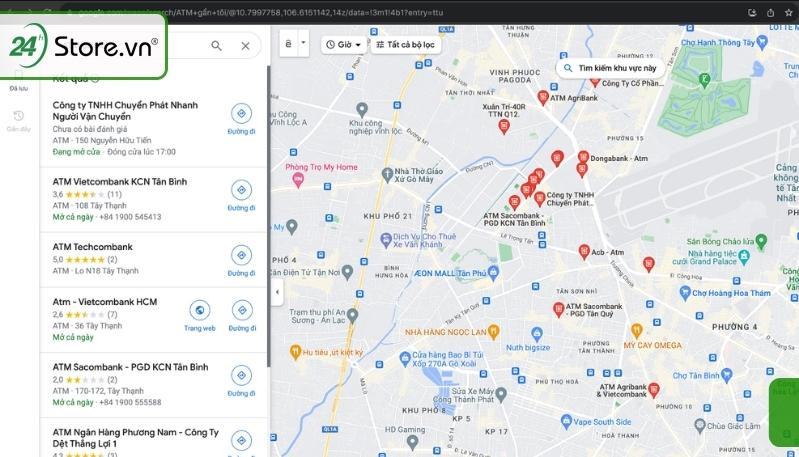 Kết quả tìm kiếm các địa điểm ATM gần bạn trên giao diện Google Maps máy tính