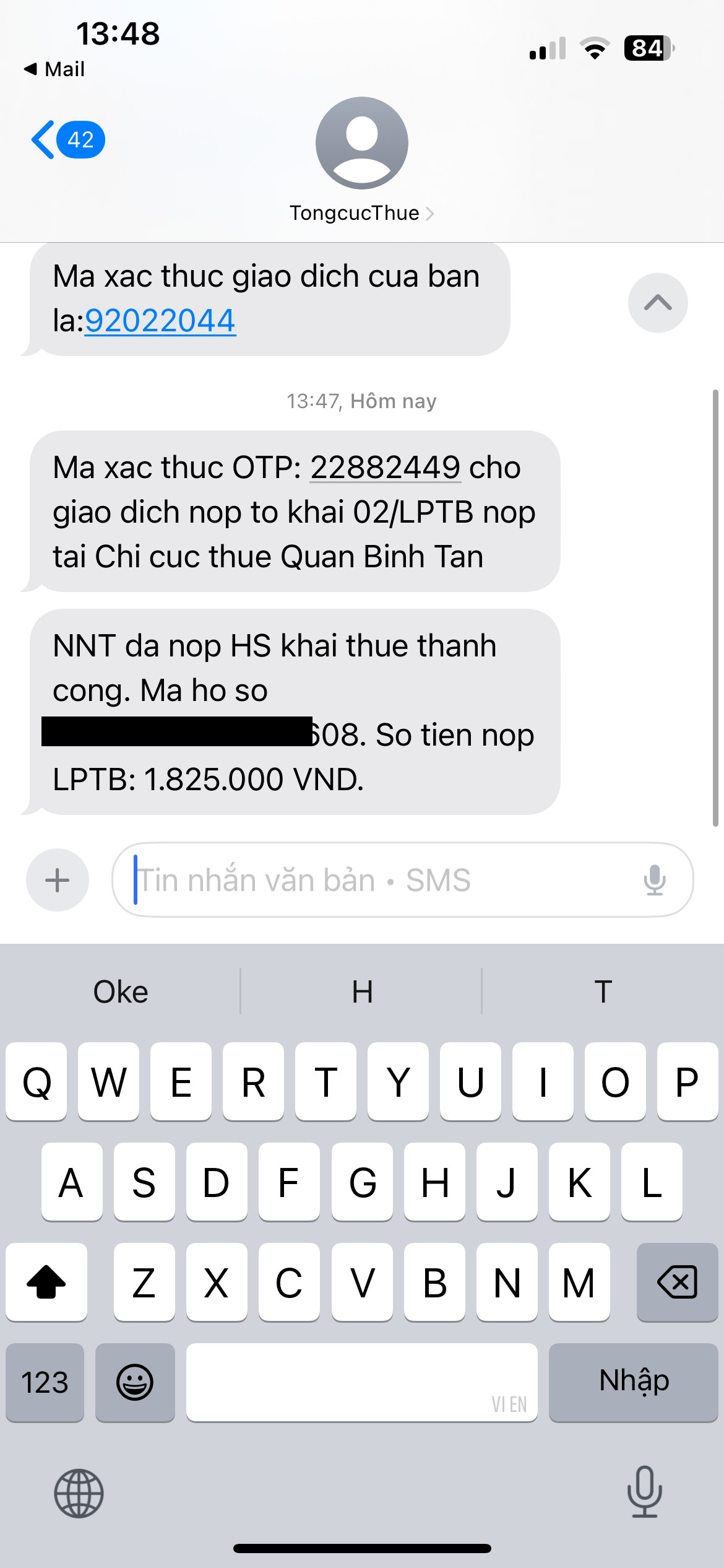 Tin nhắn xác nhận mã hồ sơ và số tiền lệ phí trước bạ cần nộp từ Tổng cục Thuế