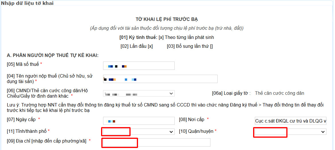 Phần thông tin người nộp thuế trong tờ khai lệ phí trước bạ online