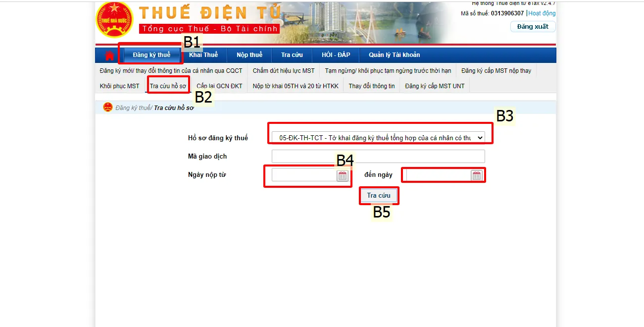 Giao diện tra cứu kết quả hồ sơ đăng ký thuế trên Thuế điện tử