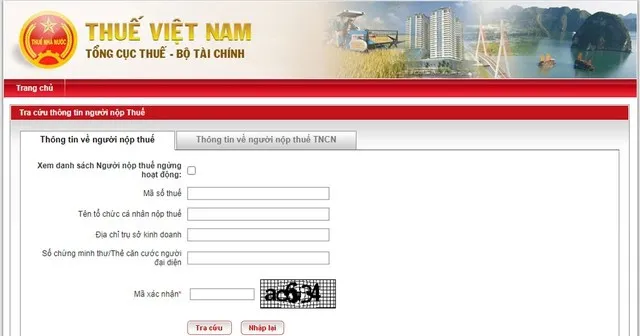 Giao diện tra cứu mã số thuế cá nhân trên website Tổng cục Thuế