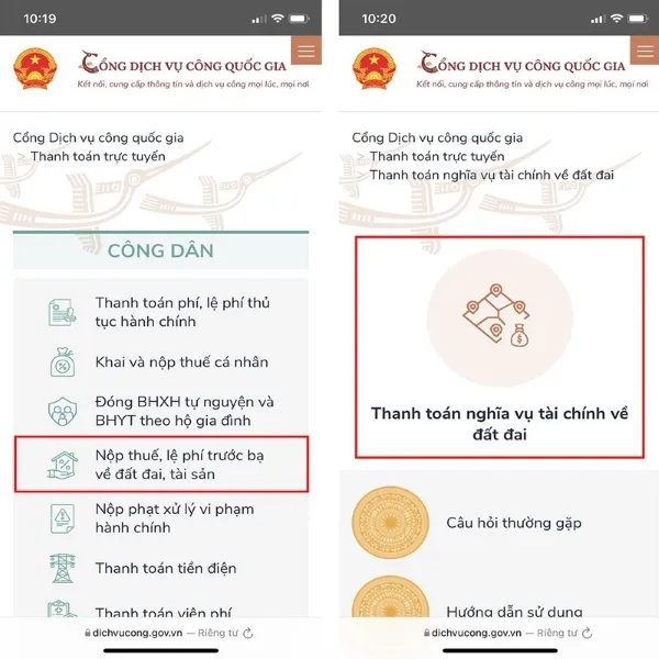 Chọn mục Thanh toán nghĩa vụ tài chính về đất đai cho cá nhân