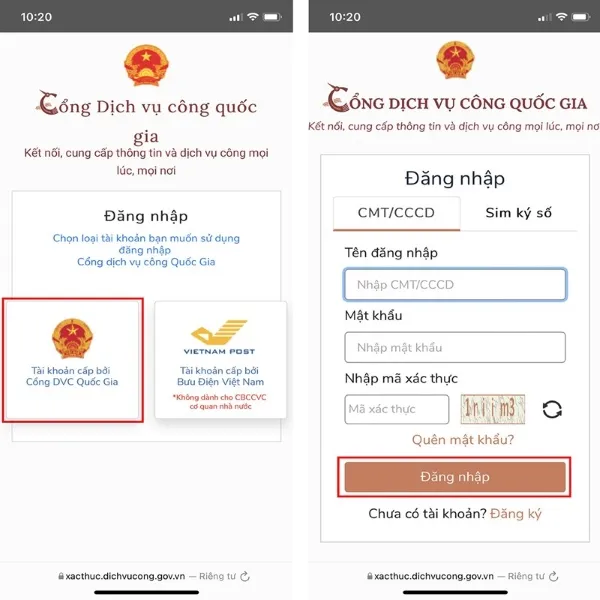 Giao diện đăng nhập Cổng Dịch vụ công Quốc gia