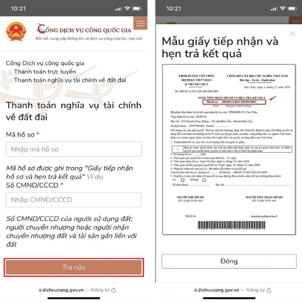 Nhập Mã hồ sơ và CMND/CCCD để tra cứu nghĩa vụ thuế đất
