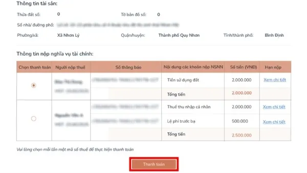 Chọn Thanh toán cho nghĩa vụ thuế đất hiển thị