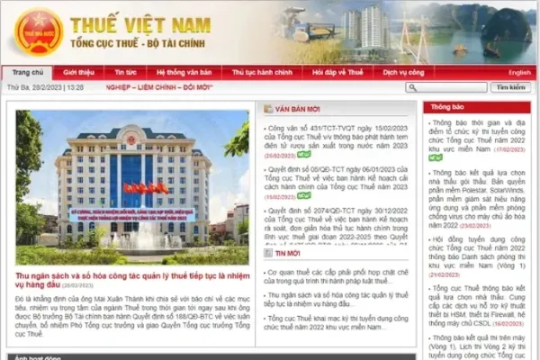 Giao diện trang chủ Cổng Thông tin Điện tử Tổng cục Thuế