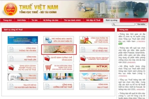 Chọn mục Dịch vụ công trên Cổng Thông tin Điện tử Tổng cục Thuế