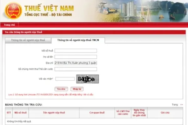 Kết quả tra cứu thông tin người nộp thuế hiển thị trên Cổng GDT