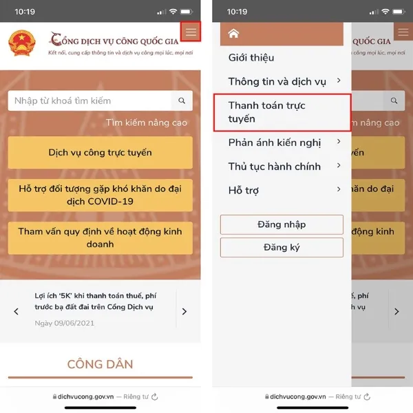 Chọn Menu mở rộng và Thanh toán trực tuyến trên Cổng Dịch vụ công Quốc gia