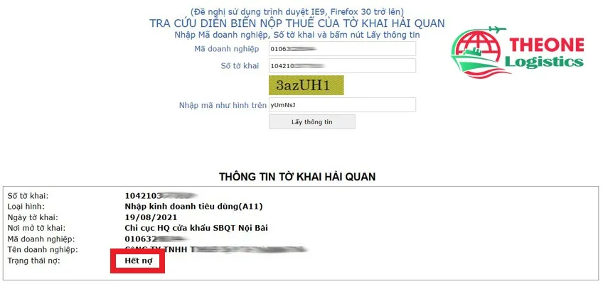 Kết quả tra cứu thông tin tờ khai hải quan với trạng thái &quot;Hết nợ&quot;