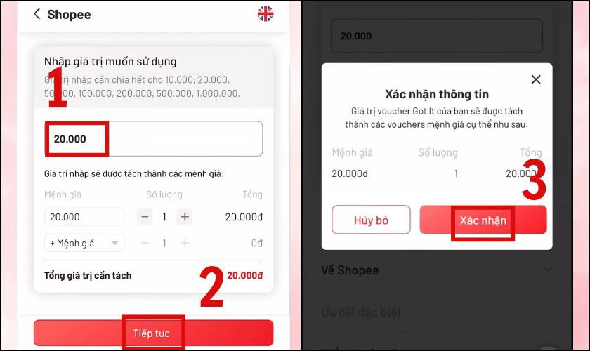 Chọn mệnh giá và xác nhận đổi Voucher Got It sang Shopee