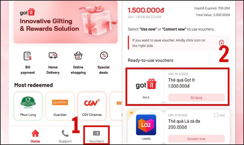 Giao diện chọn voucher để đổi trên Got It