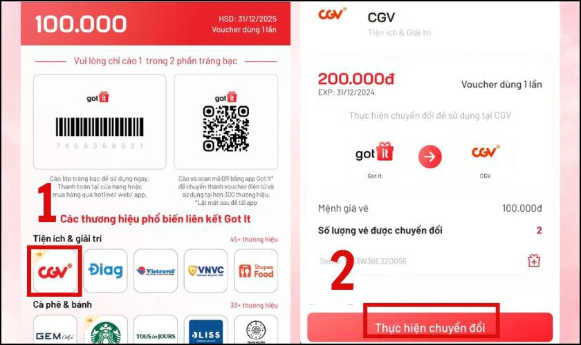 Chọn thương hiệu và mệnh giá thẻ quà tặng trên Got It