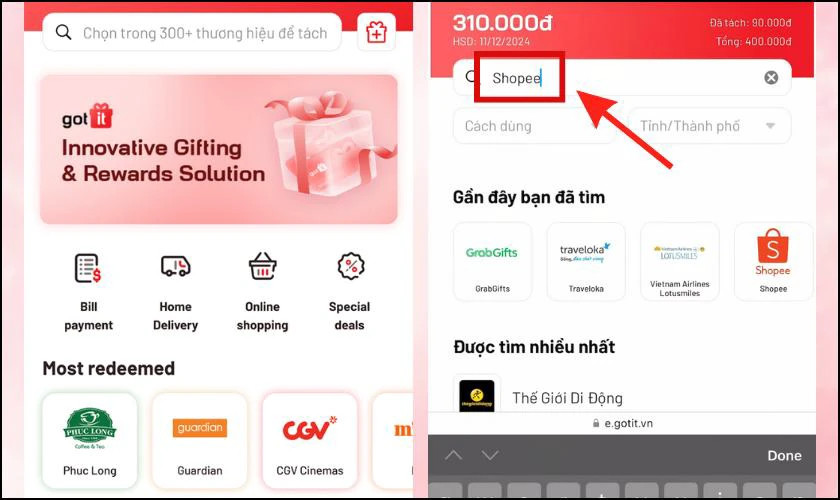 Giao diện chọn Shopee để đổi voucher Got It